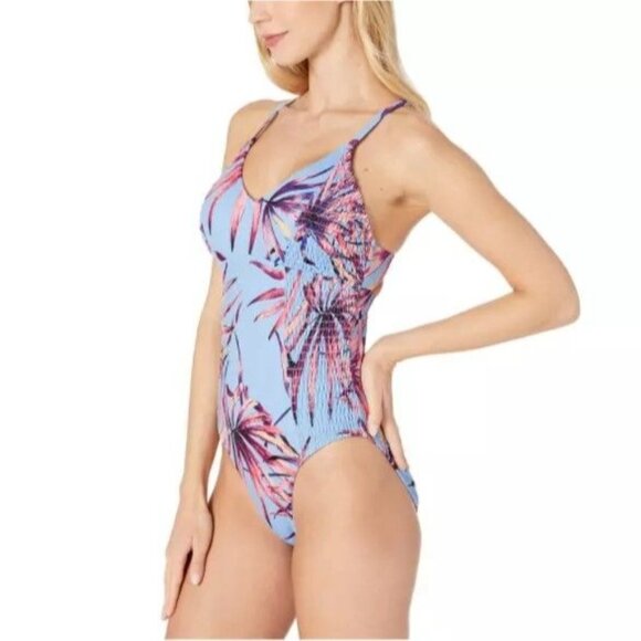 Jessica Simpson S One-Piece Tropical Cross Back Smocked Swimwear V-neck Swimsuit - Picture 7 of 12